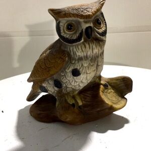 Vintage porcelain bisque woodland owl on branch Tiawan.